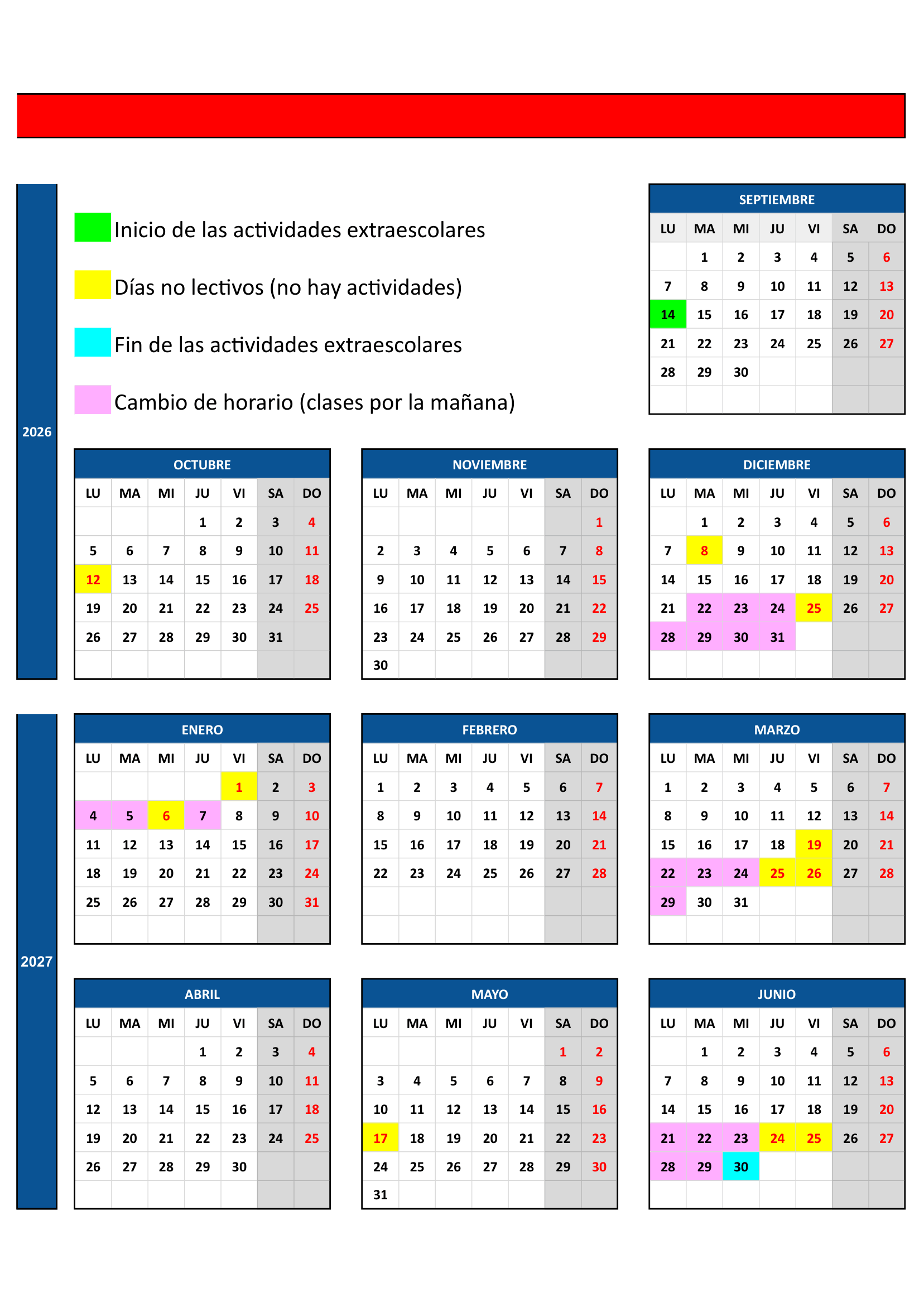 CALENDARIO ESCOLAR ASTROBOTS, CURSO 26-27