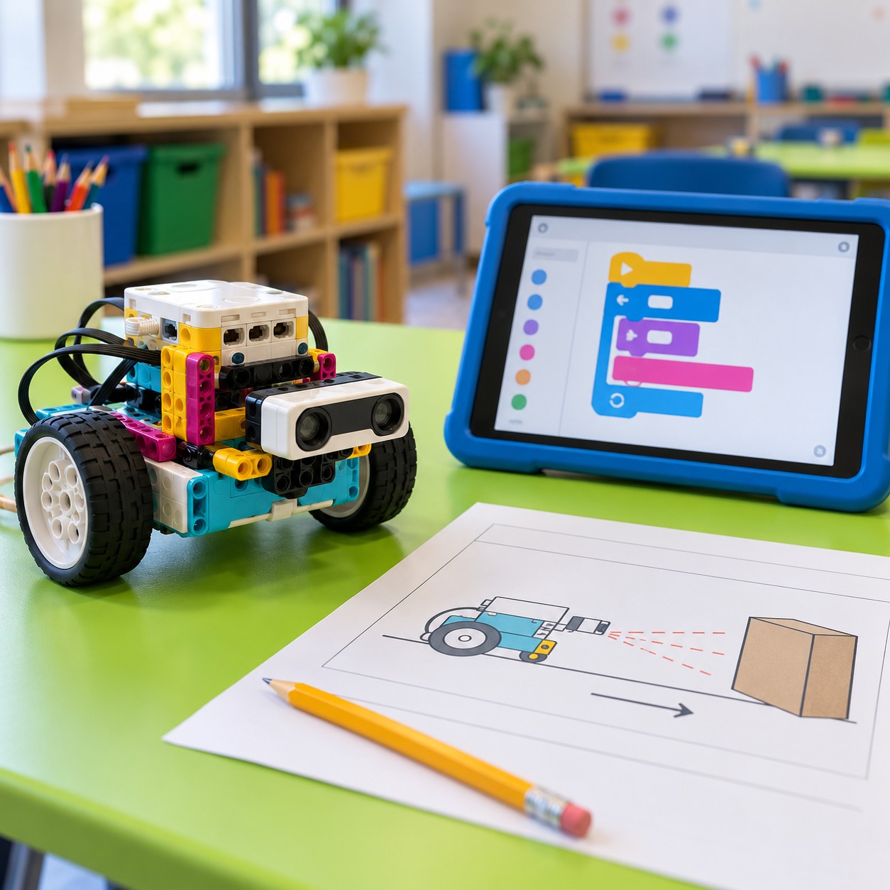 Imagen ilustrativa generada con IA: robot educativo, tableta y ficha de un reto de programación